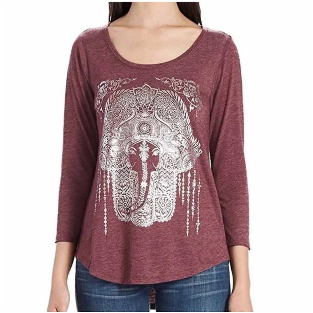 Lucky Brand Women's 3/4 Sleeve Scoop Neck Purple Graphic Tee
